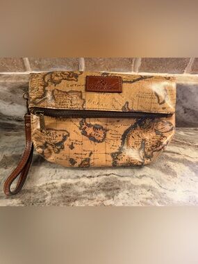 Patricia Nash Old European map Print Foldover Wristlet with Brown Strap
